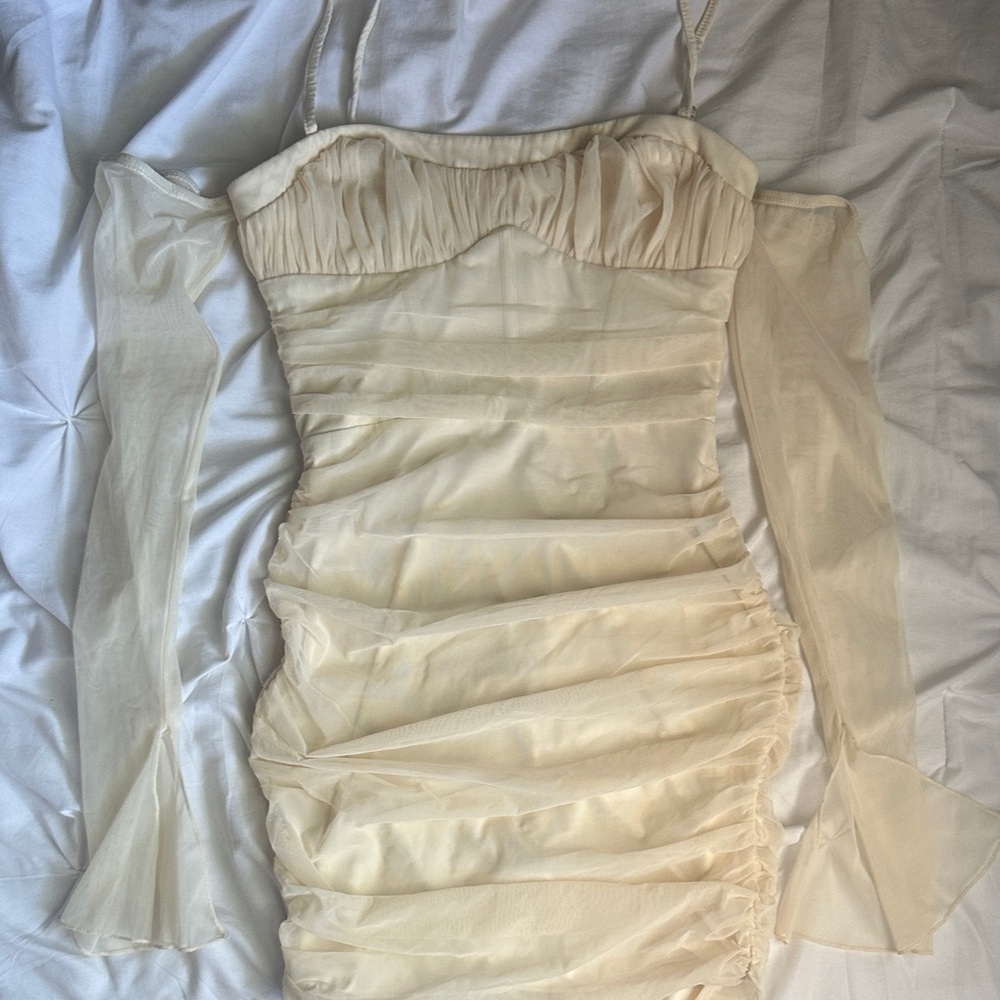 Oh Polly Cream Bodycon Dress Pleated Sleeveless